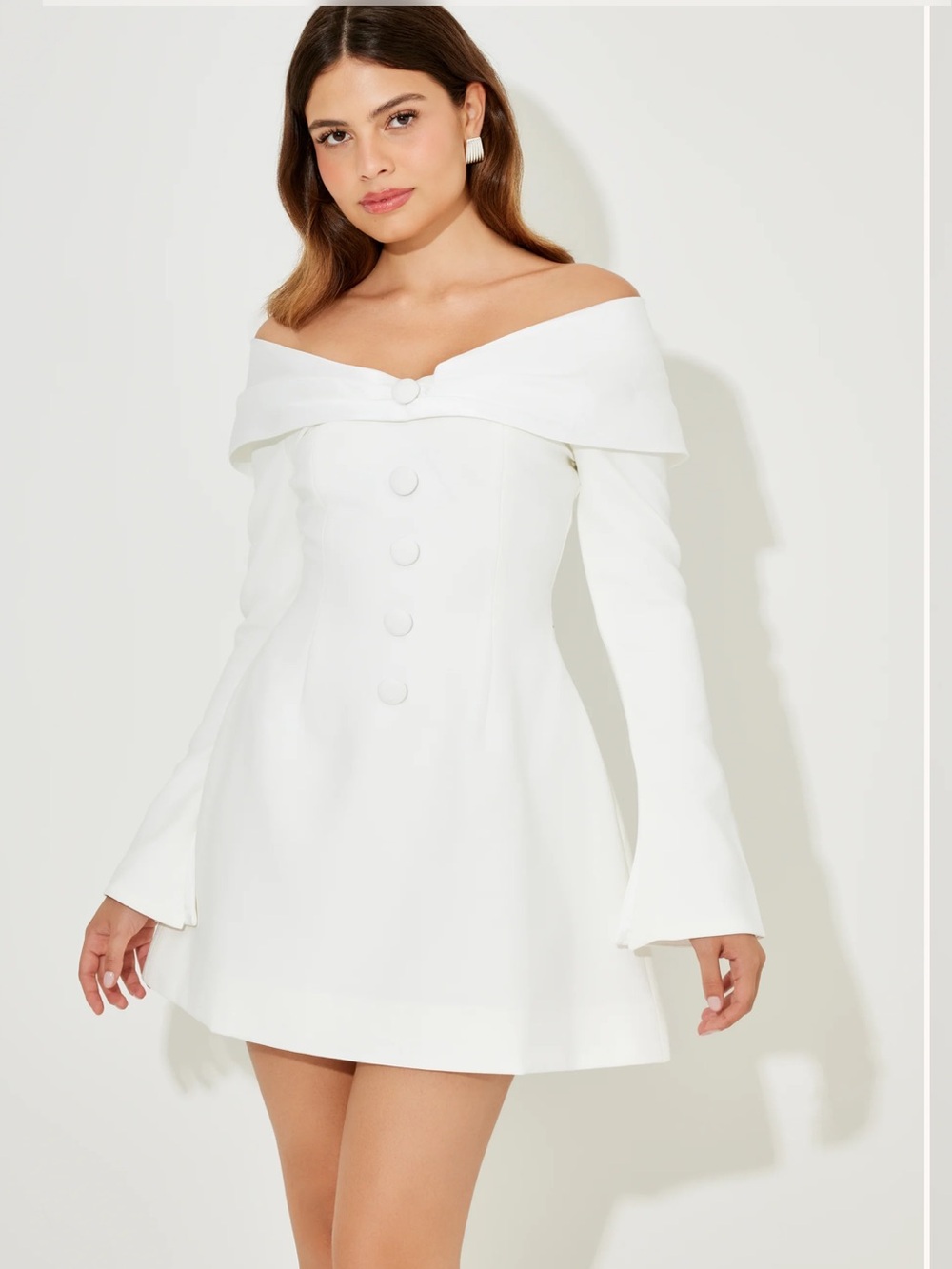 Odd Muse Off-Shoulder White Mini Dress with Button Detail